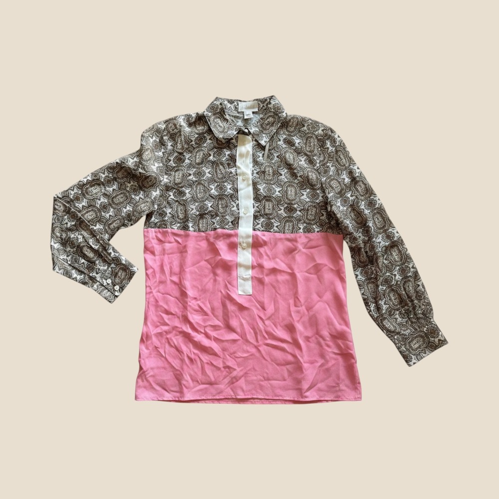 NWT J.Crew Collection Blouse Womens 4 Pink Summer Silk Paisley Colorblock Luxe - Picture 2 of 14